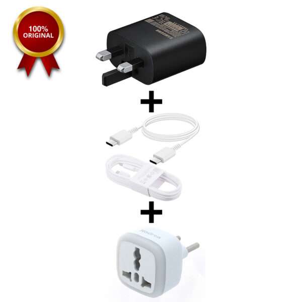 شارژر اصلی 25 وات سامسونگ+کابل 3 آمپر+تبدیل 3 به 2 هادرون